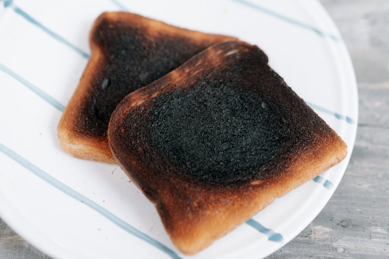 Two pieces of badly burned toast sit on a white plate with a few thin light-blue stripes