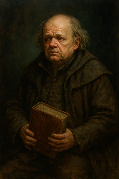 Create an image of Bildrath Cantemir, a grizzled, tight-lipped shopkeeper from the Curse of Strahd campaign. He stands behind a cluttered counter in a dimly lit, dusty general store in Barovia. His features are loosely inspired by Toby Jones: balding with wispy hair, deep-set eyes, and a wary, calculating expression. He wears a threadbare vest over a stained shirt, with a lantern casting eerie shadows across his lined face. The atmosphere is oppressive and gothic, with shelves of odd goods and cobwebs in the corners.