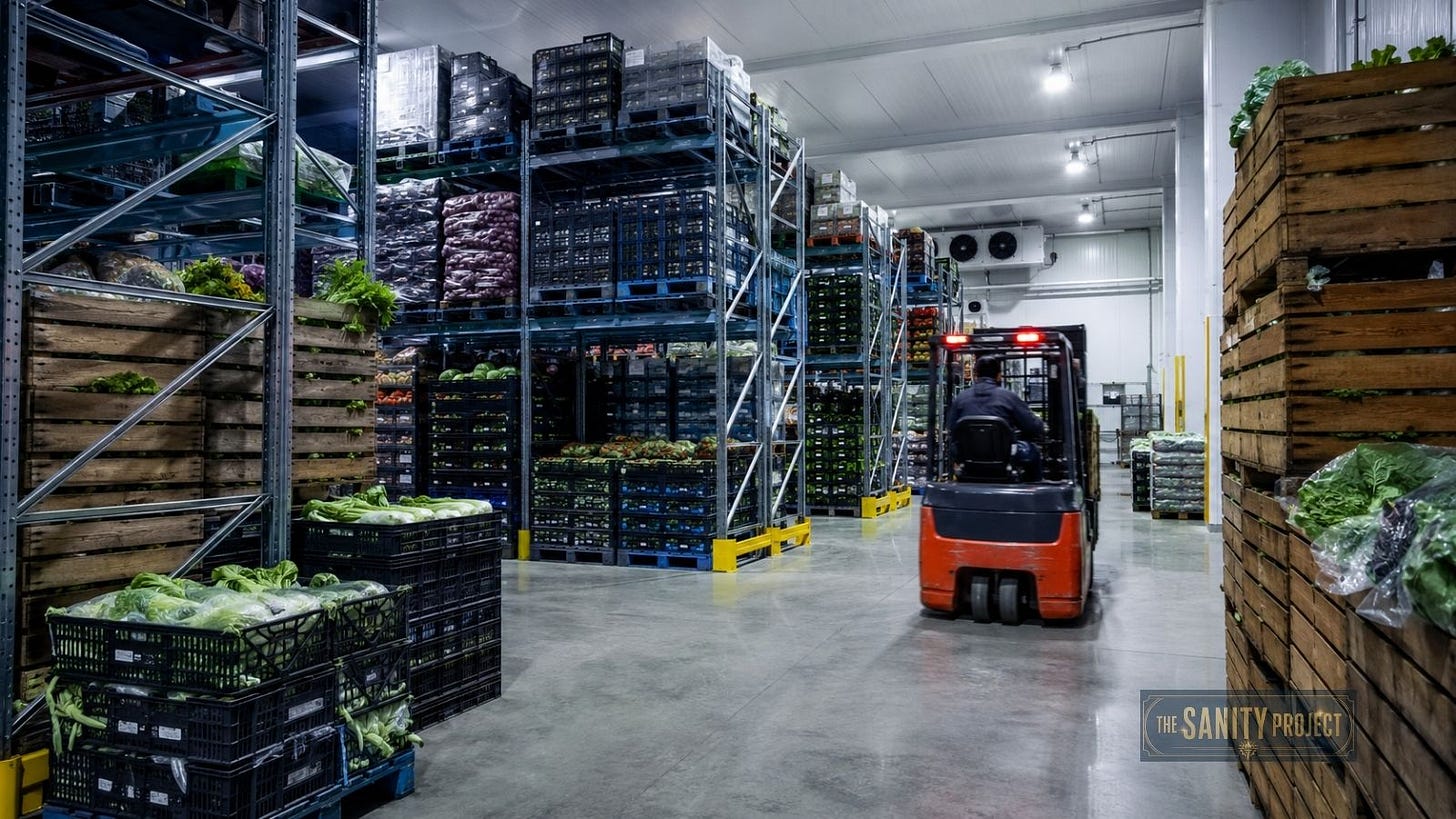 Industrial cold storage warehouse representing the controlled environment agriculture and distribution gap in Canada’s food system. Industrial cold storage warehouse representing the controlled environment agriculture and distribution gap in Canada’s food system.