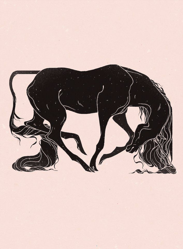 This may contain: a black and white drawing of a horse with long hair on it's back