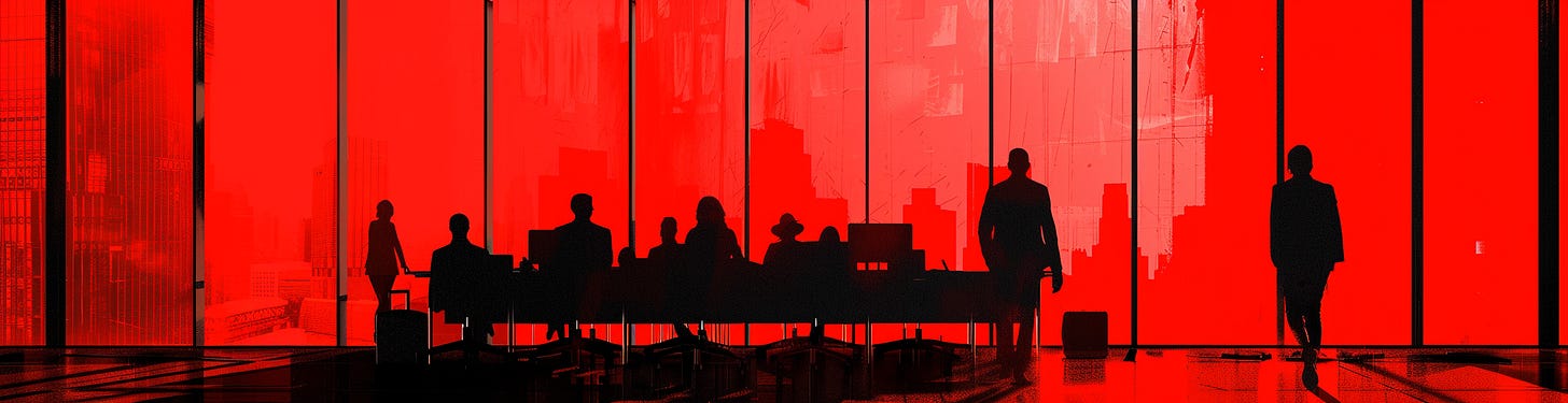 An image showing silhouettes of people in a modern office setting with a bright red background, representing the collaborative and strategic operations of AI Red Teams.