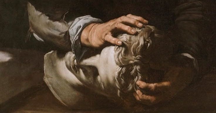 This may contain: a close up of a painting of a person with his hand on the head of another person