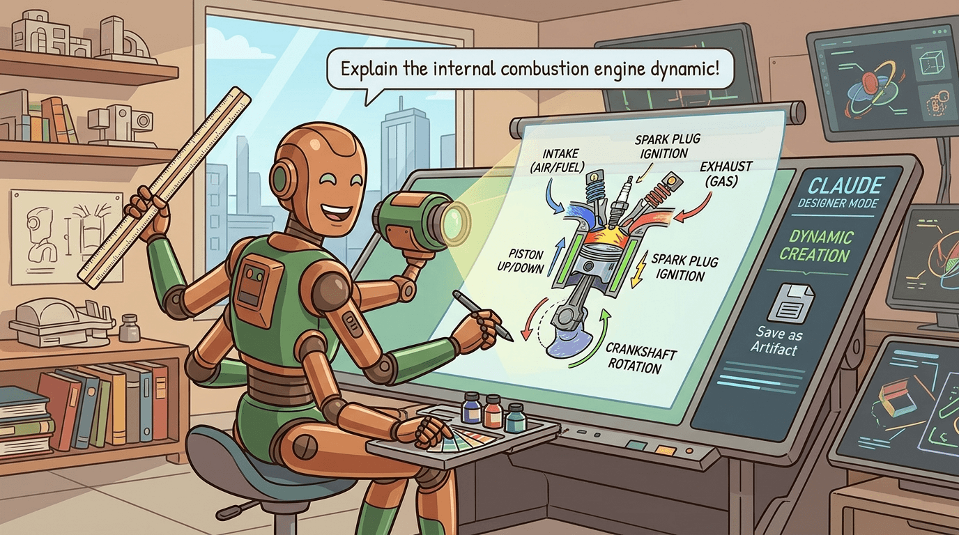 AI-generated illustration of "The Designer" metaphor: a robot at a workshop drafting table actively building a detailed engine diagram from scratch with labeled parts including Intake, Spark Plug Ignition, and Crankshaft Rotation, tools and sketches scattered around, and a "Save as Artifact" button on screen