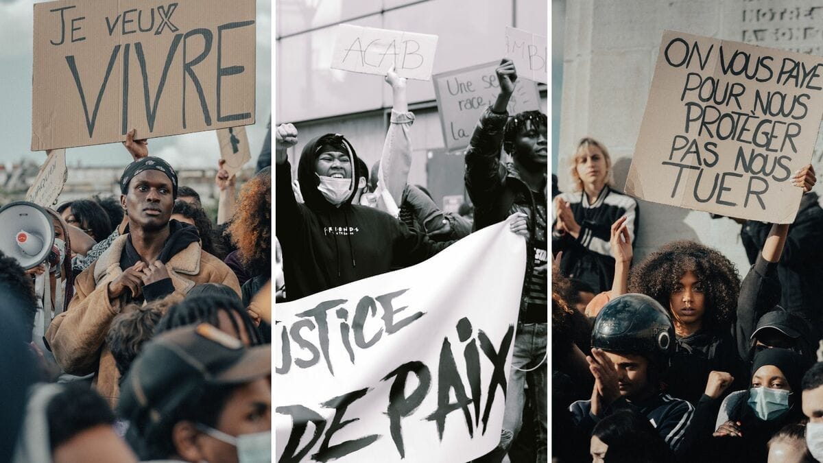 A collage of three images, all from Black Lives Matter protests in France in 2020. Signs in the images say "Je veux vivre," or "I want to live," and "On vous paye pour nous protèger pas nous tuer," or "We pay you to protect us not kill us."