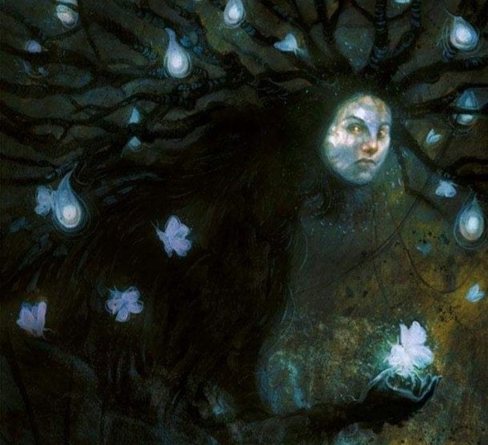 This may contain: a painting of a woman with long hair and butterflies on her head, surrounded by lights