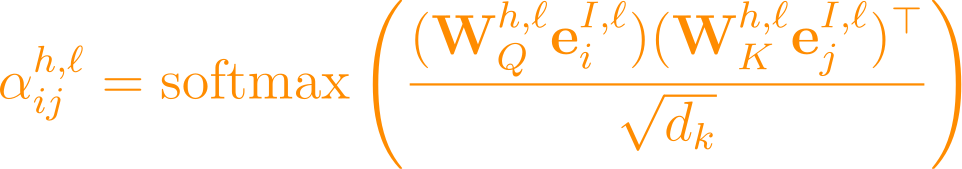 \alpha_{ij}^{h,\ell} = \text{softmax}\left(\frac{(\mathbf{W}_Q^{h,\ell} \mathbf{e}_i^{I,\ell})(\mathbf{W}_K^{h,\ell} \mathbf{e}_j^{I,\ell})^\top}{\sqrt{d_k}}\right)