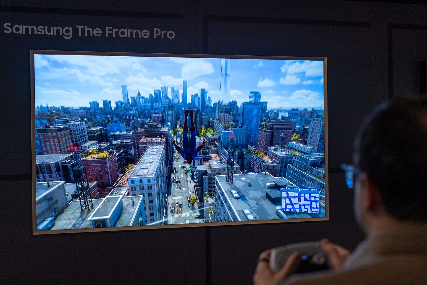Samsung Frame Pro TV 2025 review showing Matt Swider playing a video game on the television Samsung Frame Pro TV 2025 review showing Matt Swider playing a video game on the television