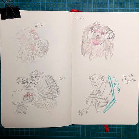 Photos des doubles-pages de mon sketchbook où j’ai dessiné les singes aux crayons de couleurs, crayon graphite ou stylo-plume. Le temps consacré à chaque dessin est indiqué.