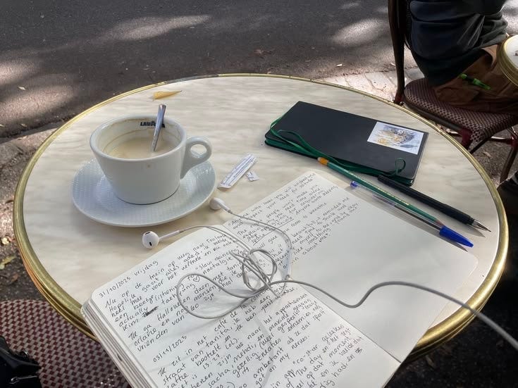 This may contain: a cup of coffee and some writing on a table