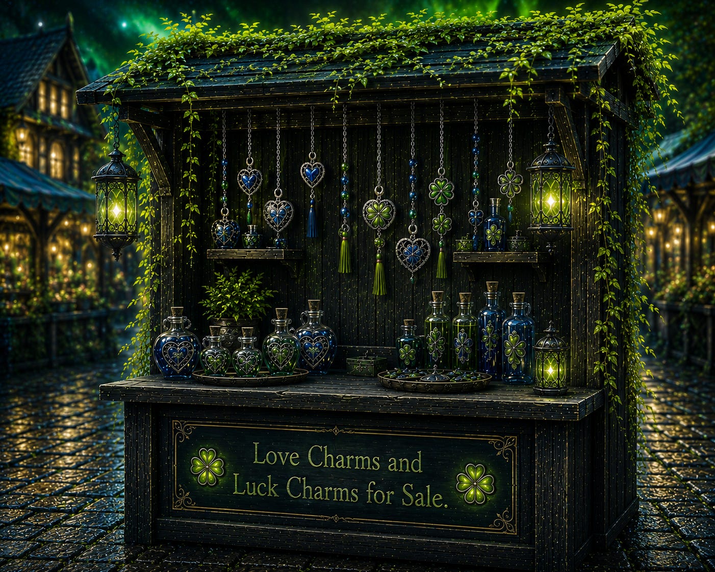 Love charms and luck charms for sale at a stall in the marketplace.
