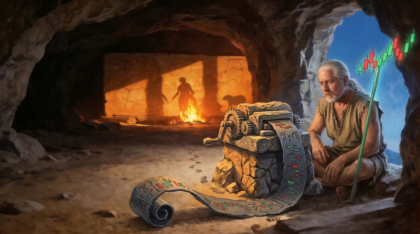  A man with long silver-white hair in tattered robes crouches beside an ancient stone ticker tape machine in Plato's cave. Shadows of human figures are cast on the cave wall by firelight in the background. A staff topped with financial candlestick chart bars leans against his side. Ticker tape printed with red and green candlestick patterns spills across the cave floor.