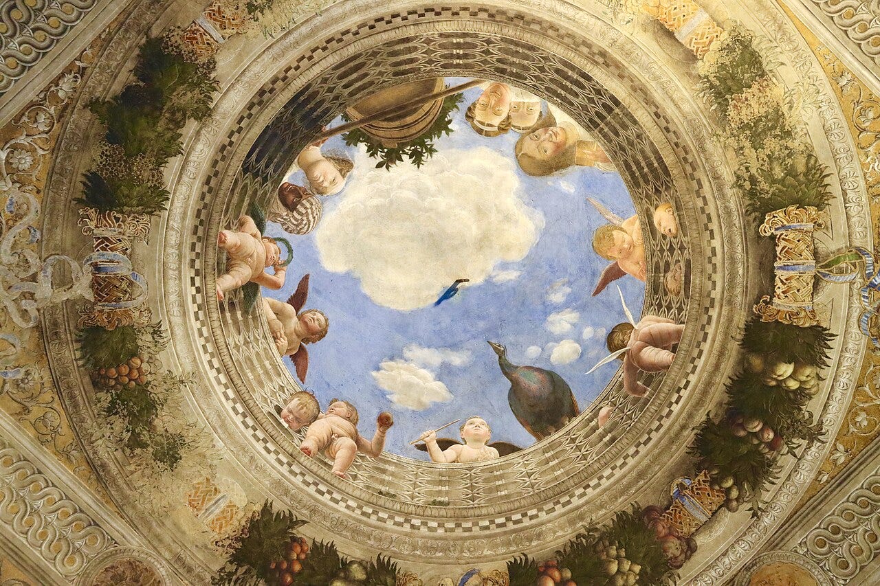 Mantegna's painted oculus opening onto sky in the ceiling of the Camera degli Sposi Mantegna's painted oculus opening onto sky in the ceiling of the Camera degli Sposi