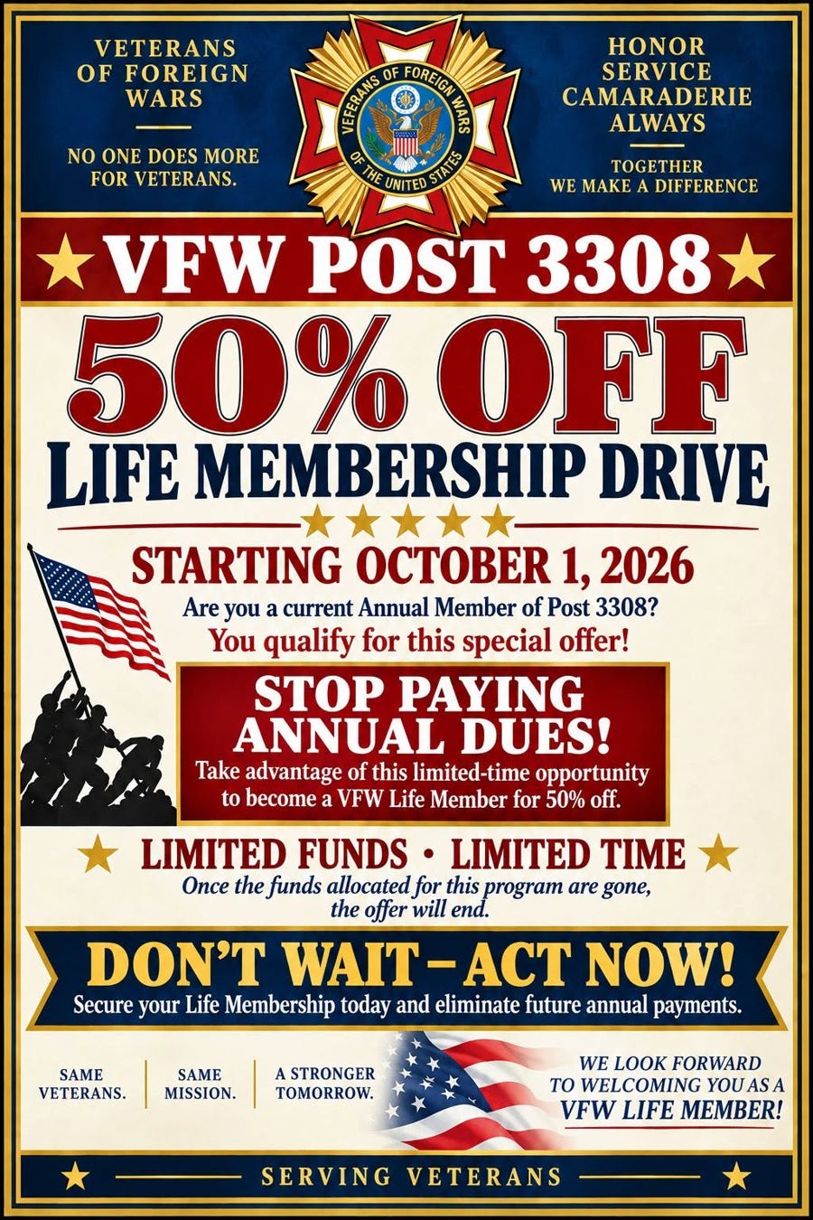 A patriotic promotional poster for the Veterans of Foreign Wars (VFW) featuring the VFW emblem at the top and slogans “Veterans of Foreign Wars,” “No one does more for veterans,” and “Honor Service Camaraderie Always.” The main headline reads “VFW Post 3308” and advertises “50% OFF Life Membership Drive,” starting October 1, 2026, encouraging current annual members to stop paying annual dues and become a VFW Life Member. The design uses red, white, and blue with stars, an American flag, a silhouette of soldiers raising a flag, and text noting “Limited funds • Limited time” and “Don’t wait—act now!” with “Serving Veterans” at the bottom.