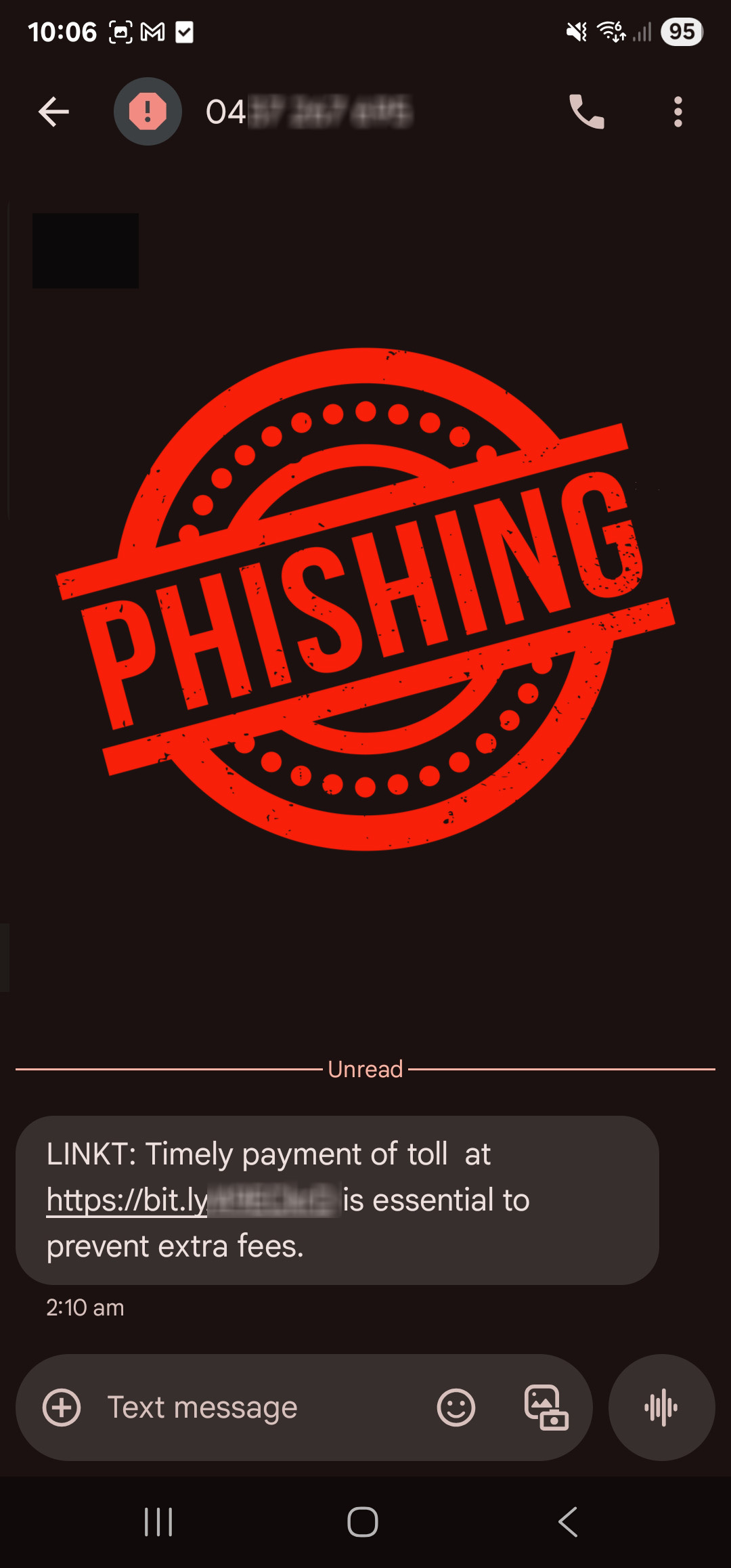 Text message claiming to be from LinkT asking for timely payemnt of toll.