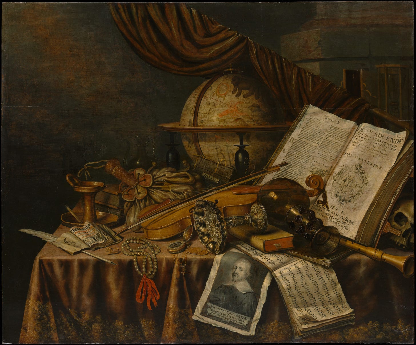 A skull on a ledge with a candle and Latin text A skull on a ledge with a candle and Latin text