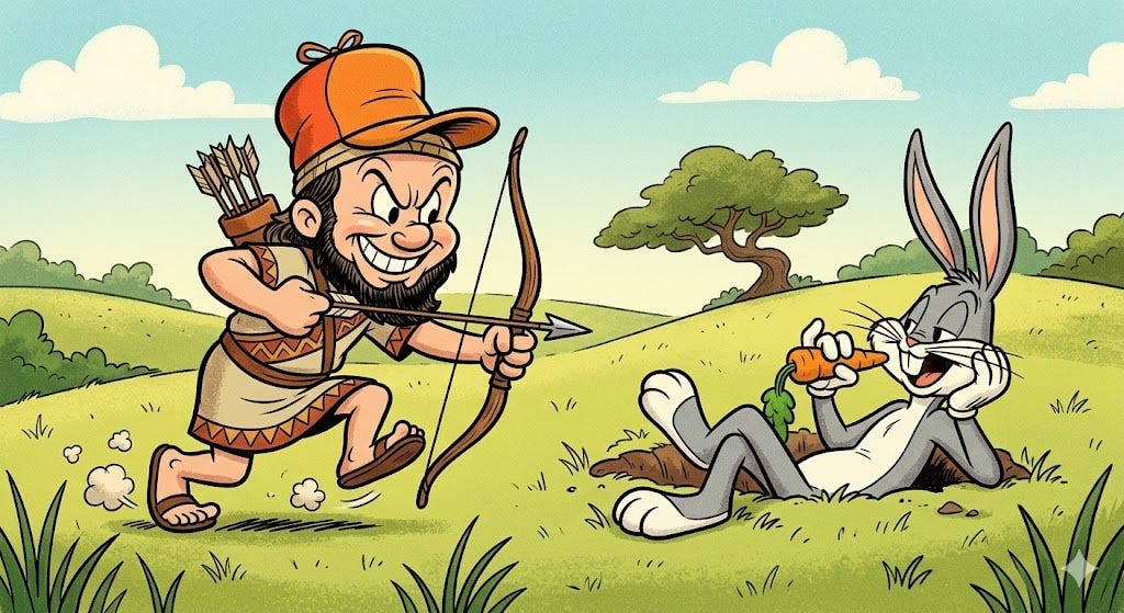 A cartoon illustration in the style of Looney Tunes, set in a sunny, rolling green landscape. On the left, a figure representing the biblical Nimrod, with a long beard and ancient attire, draws a wooden bow and arrow. He has a wide, mischievous grin and is tiptoeing in a classic hunting creep pose towards the right, wearing an orange and red hunting cap. On the right, Bugs Bunny, casually emerging from a burrow 'half in, half out' of the grass, reclines with a relaxed smile while munching on a large carrot. He appears unaware of Nimrod's approach.