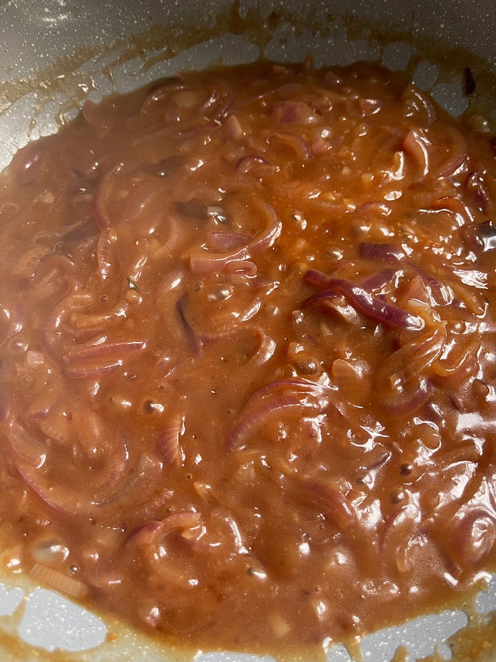 Everything you need for bramboráky and beer-caramelized onions, laid out and ready to go.