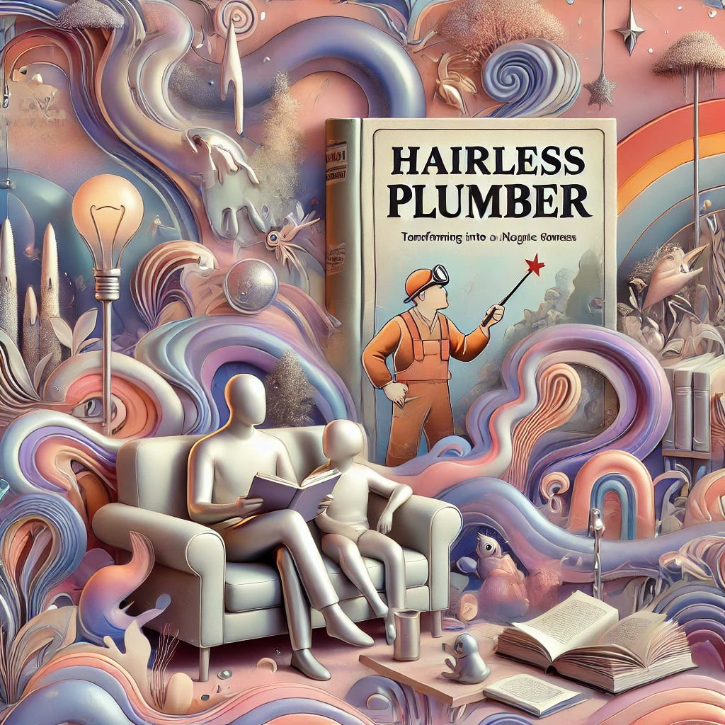 An abstract, pastel, metallic story-inspired scene of a cozy living room with a parent and their kids sitting together on a comfy couch, surrounded by books. The parent is holding a book titled 'Hairless Plumber' with a funny cover showing a bald plumber holding a magic wand. The background features whimsical, storybook-like elements with imaginative touches like magical creatures, a lava monster transforming into a nature goddess, and other fantastical symbols. The overall style is abstract with fluid shapes and metallic hues, creating a dreamy and surreal atmosphere.