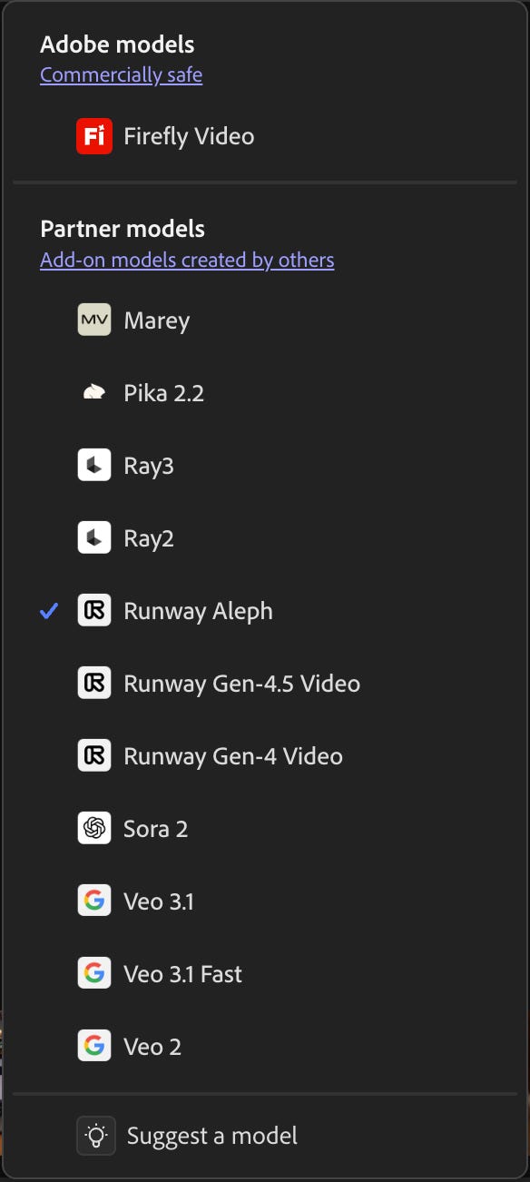 Firefly model selection menu showing Adobe's Firefly Video model and partner models including Pika 2.2, Ray3, Runway Aleph (selected), Runway Gen-4.5, Sora 2, Veo 3.1, and Veo 2.