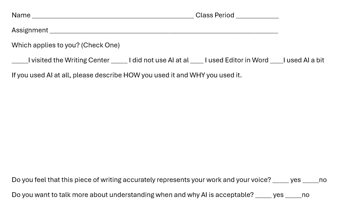 “Screenshot of a student reflection form about AI use in writing. The form includes blank lines for name, class period, and assignment. Below is a section labeled ‘Which applies to you? (Check One)’ with options: ‘I visited the Writing Center,’ ‘I did not use AI at all,’ ‘I used Editor in Word,’ and ‘I used AI a bit.’ A prompt asks students to describe how and why they used AI if they did. Additional questions ask whether the writing accurately represents their work and voice (yes/no) and whether they want to discuss when and why AI is acceptable (yes/no). The form includes large blank space for writing.”