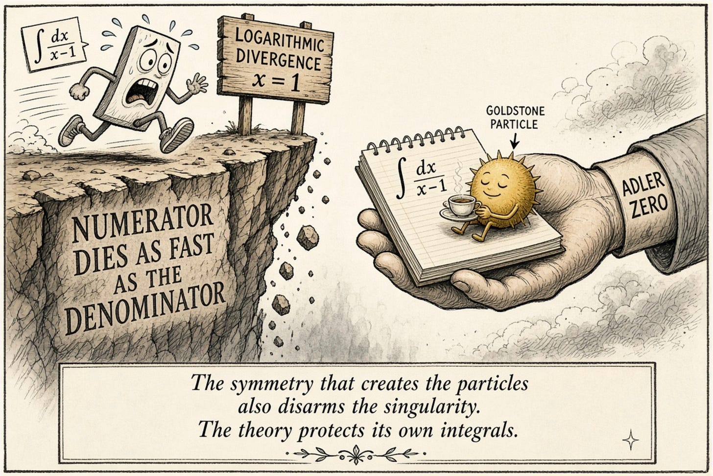 The Adler zero catches a divergent integral: the numerator dies as fast as the denominator. The Adler zero catches a divergent integral: the numerator dies as fast as the denominator.