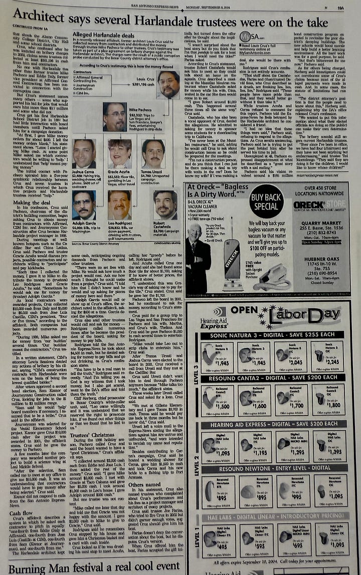 Story as published by the San Antonio Express-News based on beleaguered architect Louis Cruz's confession detailing a mafia-style kickback system where construction contractors paid Harlandale School Board member to get work in school construction. Click on image to read the clip. (Mc Nelly Torres | Don't Forget My Voice)