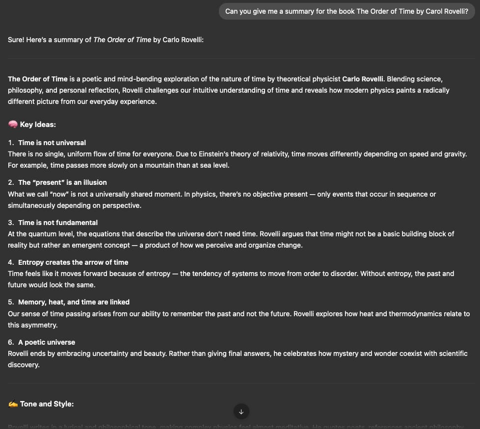 AI-generated summary of “The Order of Time” by Carlo Rovelli, highlighting six key ideas about time, entropy, and perception—featured in Beating the Tide investment newsletter’s discussion on AI’s limits and the importance of human insight in investing. AI-generated summary of “The Order of Time” by Carlo Rovelli, highlighting six key ideas about time, entropy, and perception—featured in Beating the Tide investment newsletter’s discussion on AI’s limits and the importance of human insight in investing.
