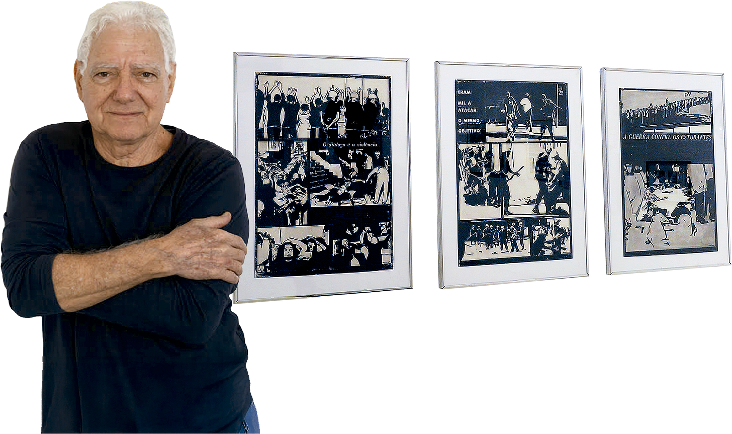 Pessoa de cabelos brancos vestindo camiseta preta, posicionada à esquerda da imagem, ao lado de três quadros emoldurados contendo fotografias em preto e branco que retratam cenas históricas com grupos de pessoas, incluindo textos em português como "O diálogo é a violência" e "A guerra contra os estudantes".