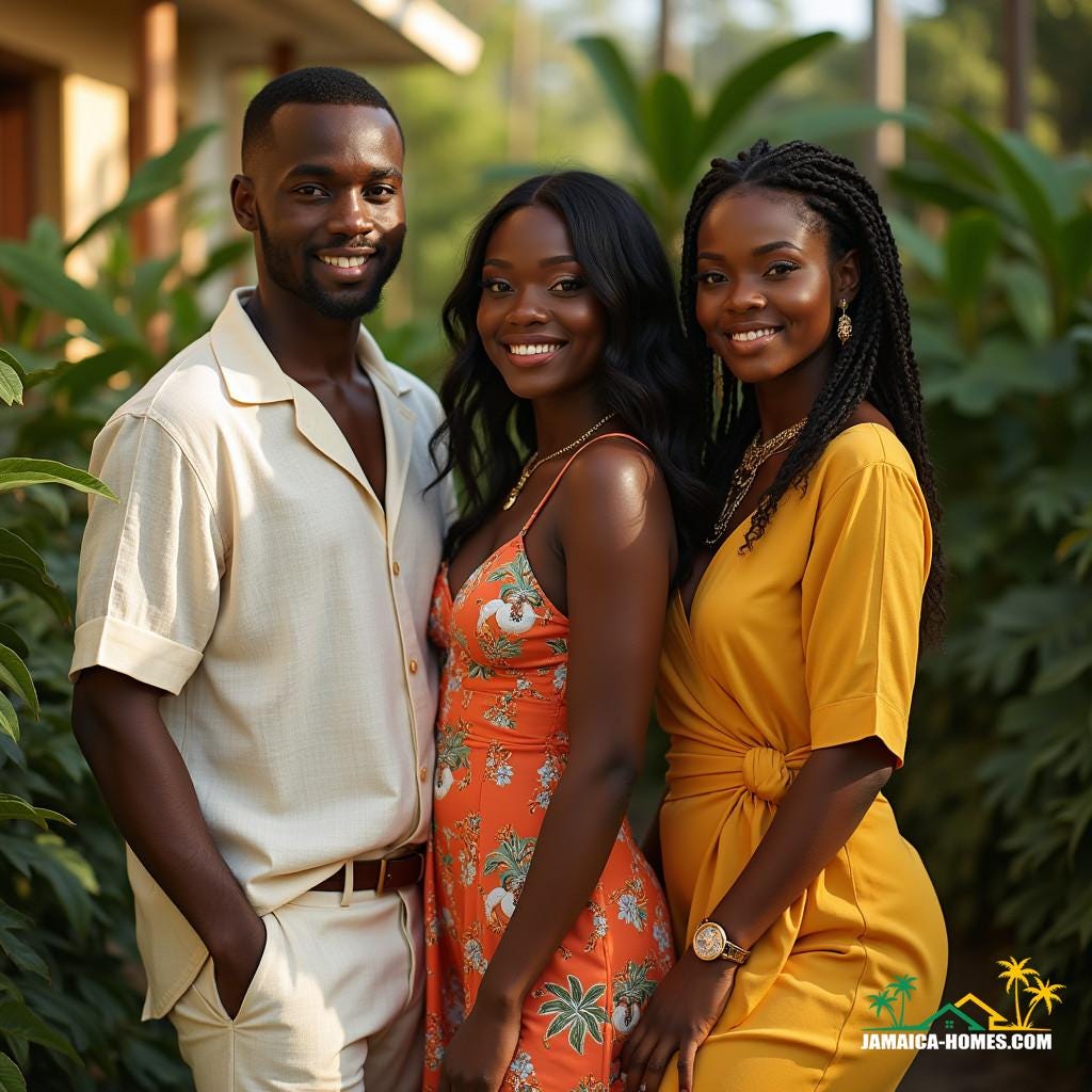 Regal black models dressed in stylish, modest real estate agent attire, posing in a vibrant Jamaican Caribbean setting, exuding confidence and poise.