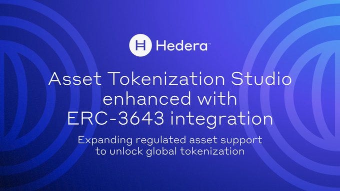 Blue background with circular patterns and Hedera logo. Text reads Asset Tokenization Studio enhanced with ERC-3643 integration support to unlock global tokenization. Includes ERC-3643 and Hedera branding.