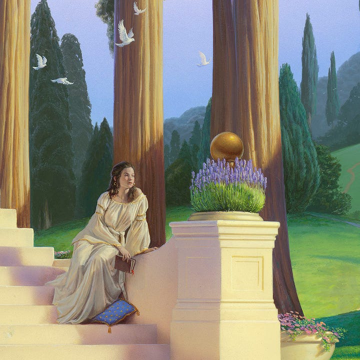 LEFT: Figure detail from LANDING featuring a woman in a loose white dress, accented with gold trim and flowing bell sleeves. She sits on the landing of a stone staircase. A blue pillow decorated with stars—accented in gold like the fringe and tassels—lays at her feet. The end of the stairs capped with a gold orb above a planter of vibrant lavender flowers. RIGHT: Background detail from LANDING featuring the end of the stairs as it transforms into a decaying platform set against pale blue skies and the leafy spears of treetops. Detached pieces float out in the air beyond—maybe materializing there or possibly just fading into the sky.