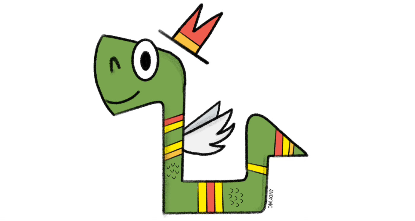 a cartoon illustration of Francisco the mythical Quetzalcoatl serpent.