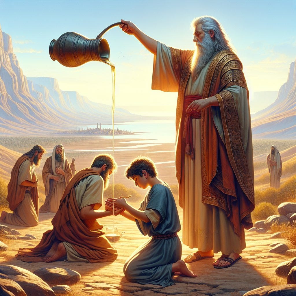 1 Samuel 16:13 - "Then Samuel took the horn of oil, and anointed him in the midst of his brethren: and the Spirit of the LORD came upon David from that day forward. So Samuel rose up, and went to Ramah."