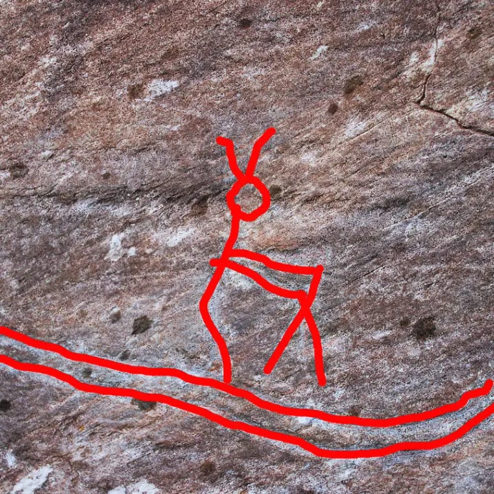 Two images of Rødøymannen, one the original, the second an outline to show the cave painting better.