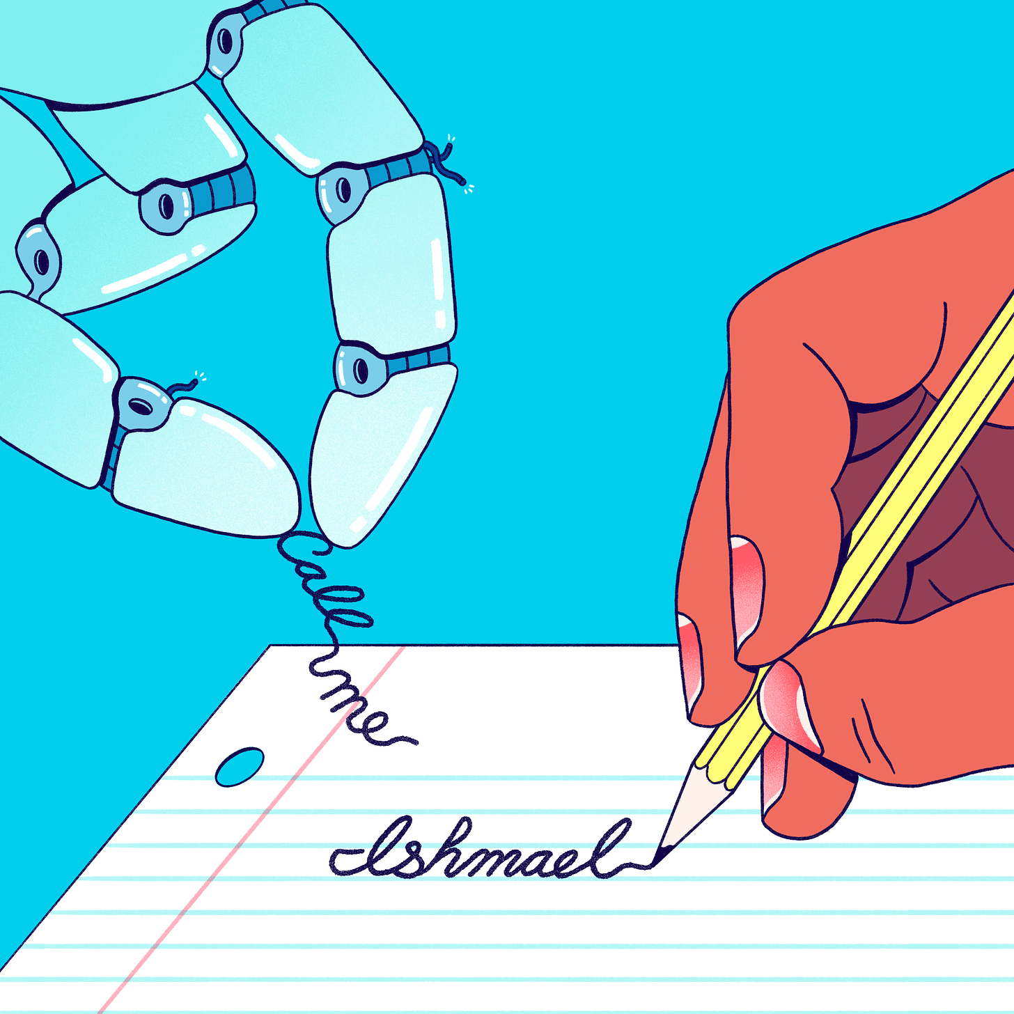 A human hand holding a pencil writes on a sheet of paper as a robot hand places words on it.
