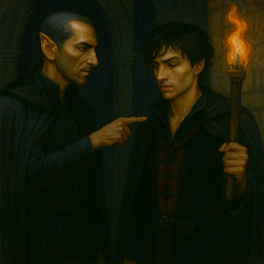 Create a dark fantasy image of Rahadin giving stern orders to Escher in a shadowed corridor of Castle Ravenloft, using their defined feature palettes. Rahadin is a dusk elf with long obsidian-black hair streaked subtly with silver, high sculpted cheekbones, a narrow elegant jawline, and luminous amber eyes that remain calm and unreadable. His skin has a cool umber tone with an ashen undertone, and he wears a high-collared black cloak with muted gold embroidery and layered silks that fall in silent folds. His posture is poised and blade-like as he gestures toward Escher.
Escher stands before him with androgynous elegance, shoulder-length tousled dark waves, pale opalescent skin, and deep-set obsidian eyes that glint with garnet when caught by the torchlight he holds. His expression is tense, resentful, and theatrical even in stillness. He wears a deep garnet velvet doublet with black braided trim, layered with a sheer dark cloak that moves like smoke. The torch casts warm, fractured light across the carved stone arches and deep shadows of the corridor. The atmosphere should convey tension, hierarchy, and the quiet, dangerous beauty of Ravenloft. Create a dark fantasy image of Rahadin giving stern orders to Escher in a shadowed corridor of Castle Ravenloft, using their defined feature palettes. Rahadin is a dusk elf with long obsidian-black hair streaked subtly with silver, high sculpted cheekbones, a narrow elegant jawline, and luminous amber eyes that remain calm and unreadable. His skin has a cool umber tone with an ashen undertone, and he wears a high-collared black cloak with muted gold embroidery and layered silks that fall in silent folds. His posture is poised and blade-like as he gestures toward Escher.
Escher stands before him with androgynous elegance, shoulder-length tousled dark waves, pale opalescent skin, and deep-set obsidian eyes that glint with garnet when caught by the torchlight he holds. His expression is tense, resentful, and theatrical even in stillness. He wears a deep garnet velvet doublet with black braided trim, layered with a sheer dark cloak that moves like smoke. The torch casts warm, fractured light across the carved stone arches and deep shadows of the corridor. The atmosphere should convey tension, hierarchy, and the quiet, dangerous beauty of Ravenloft.