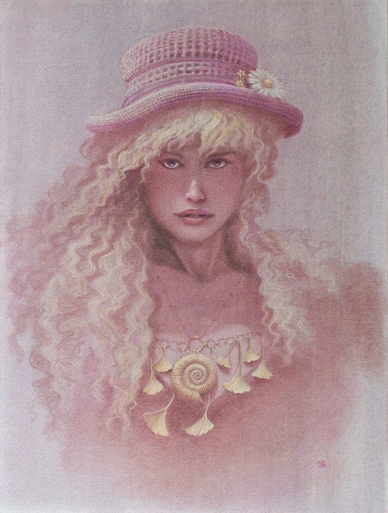 Painted loosely in pinks and yellows, a woman with wavy blonde fixes her stare directly at the viewer. She is wearing a knit hat with a daisy on the brim. Her necklace hangs v-shaped attaching at its lowest point to a series of horizontal circlets. The spiral of an ammonite hangs at the center surrounded by the smaller fans shapes of Ginkgo leaves.