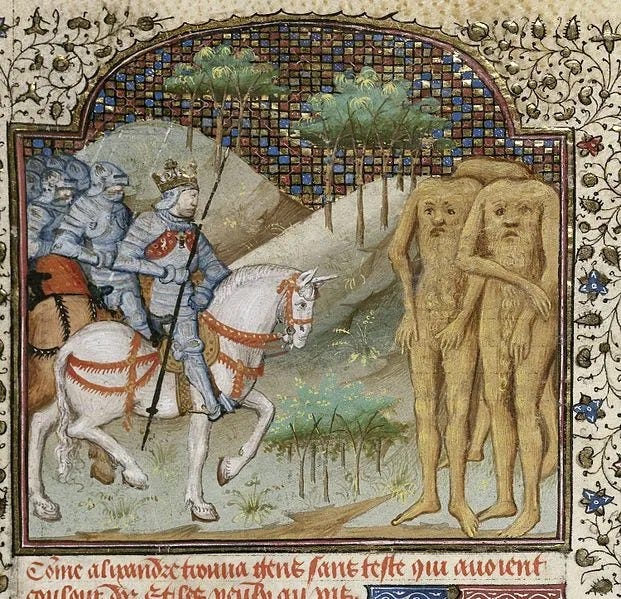 Alexandre encontra os homens sem cabeça (gens sans teste), miniatura da História de proelis em francês. Alexandre encontra os homens sem cabeça (gens sans teste), miniatura da História de proelis em francês.