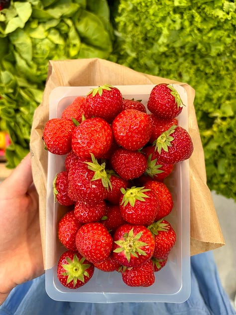 fresh strawberries; hydrating electrolytes water, fresh watermelon and cucumbers