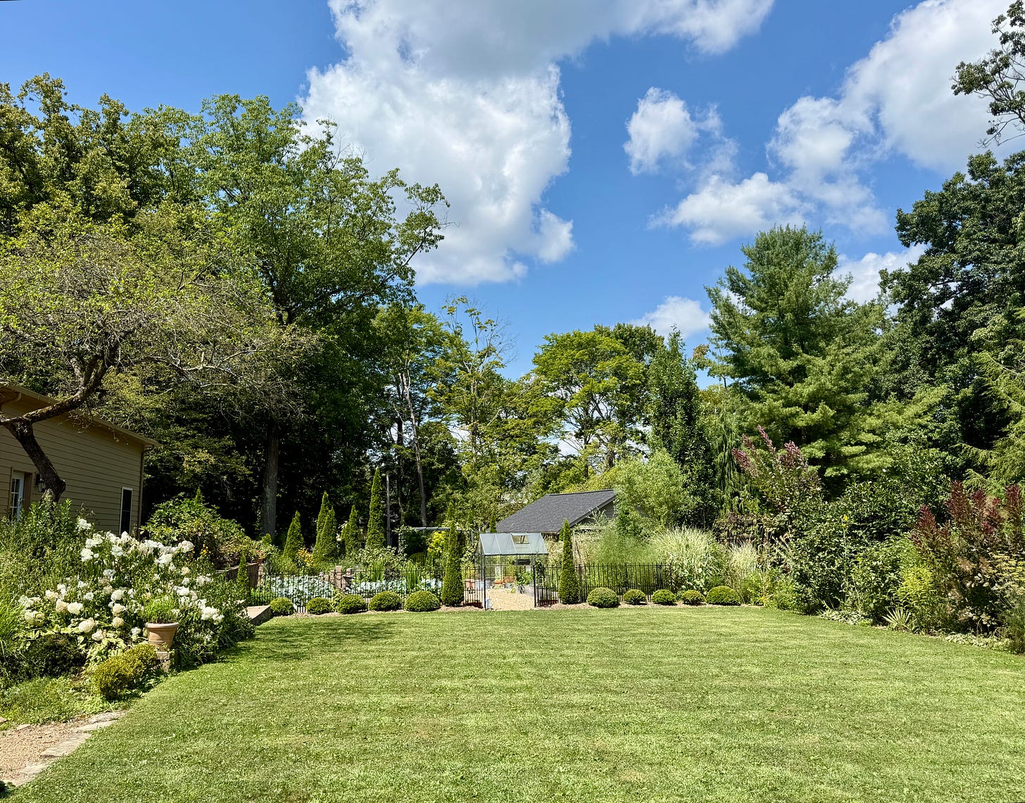 View across the lawn to the Kitchen Garden as we walk across to the pond