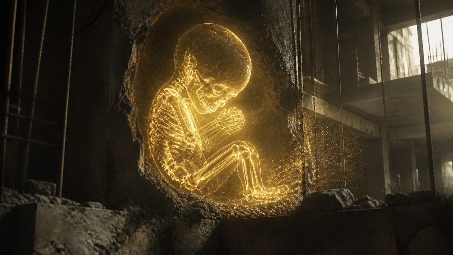 Silhouette squelettique lumineuse dorée encastrée dans un mur de béton fissuré sur un chantier, illustration du Décrocheur Philosophe