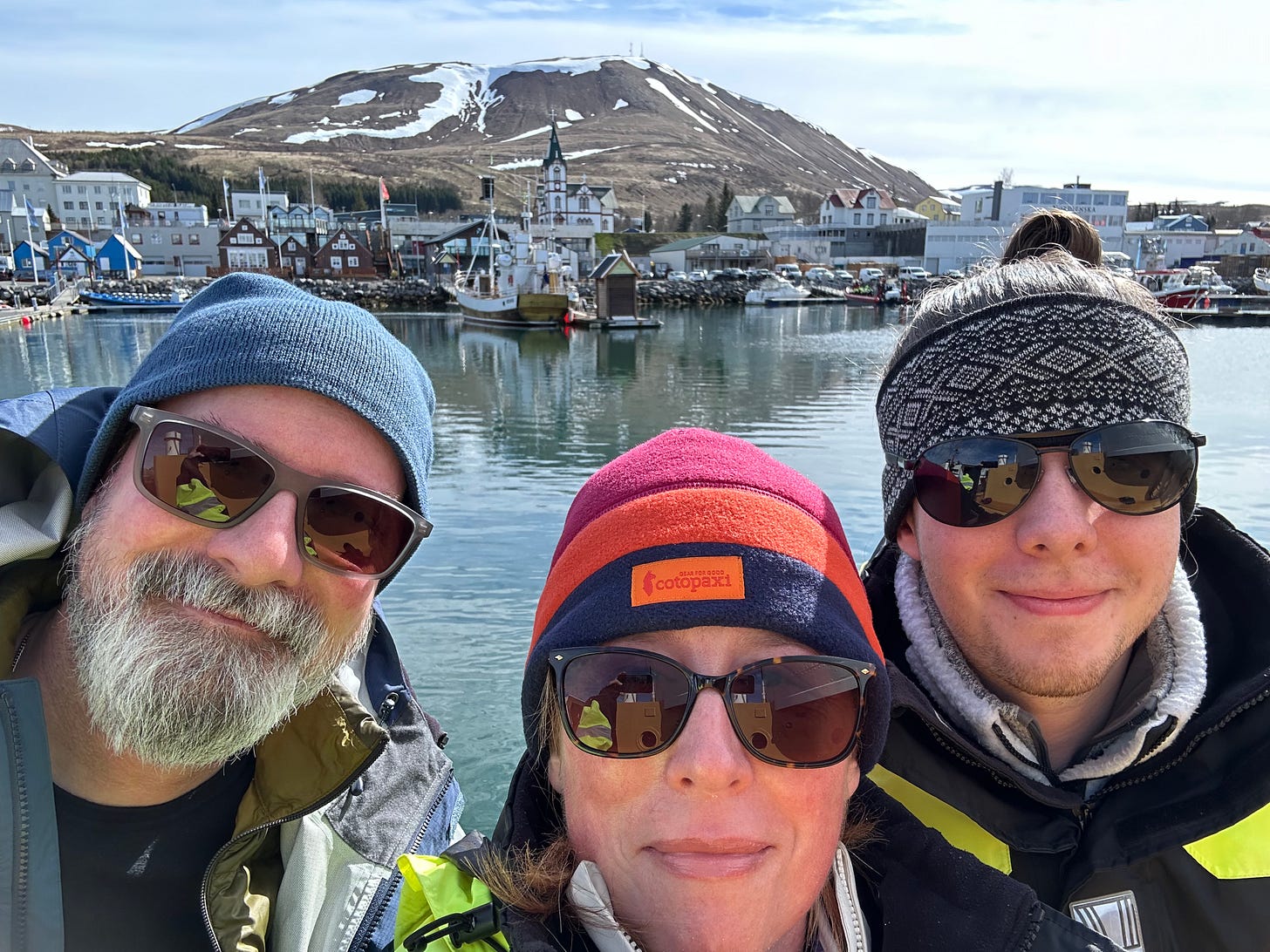 Self-portrait of my husband, son and I at the harbor in Husavik.