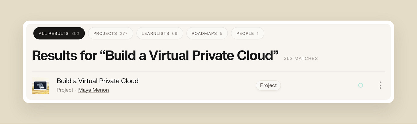 Searching the full title Build a Virtual Private Cloud puts that project first Searching the full title Build a Virtual Private Cloud puts that project first