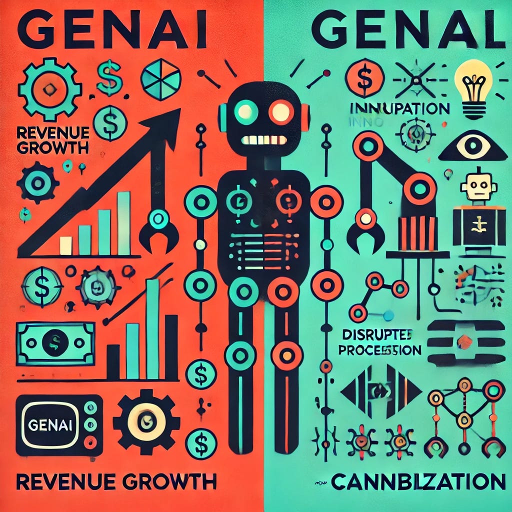 An image illustrating the dual nature of GenAI for IT giants. On one side, depict GenAI as a catalyst for revenue growth, with symbols like upward graphs, money, and innovation (robots, lightbulbs). On the other side, show GenAI as a harbinger of cannibalization, with symbols like broken chains, disrupted processes, and declining graphs. Use contrasting colors to represent the two sides: green and blue for growth, red and black for cannibalization. Place the IT giants' logos subtly in the background, split between the two sides.