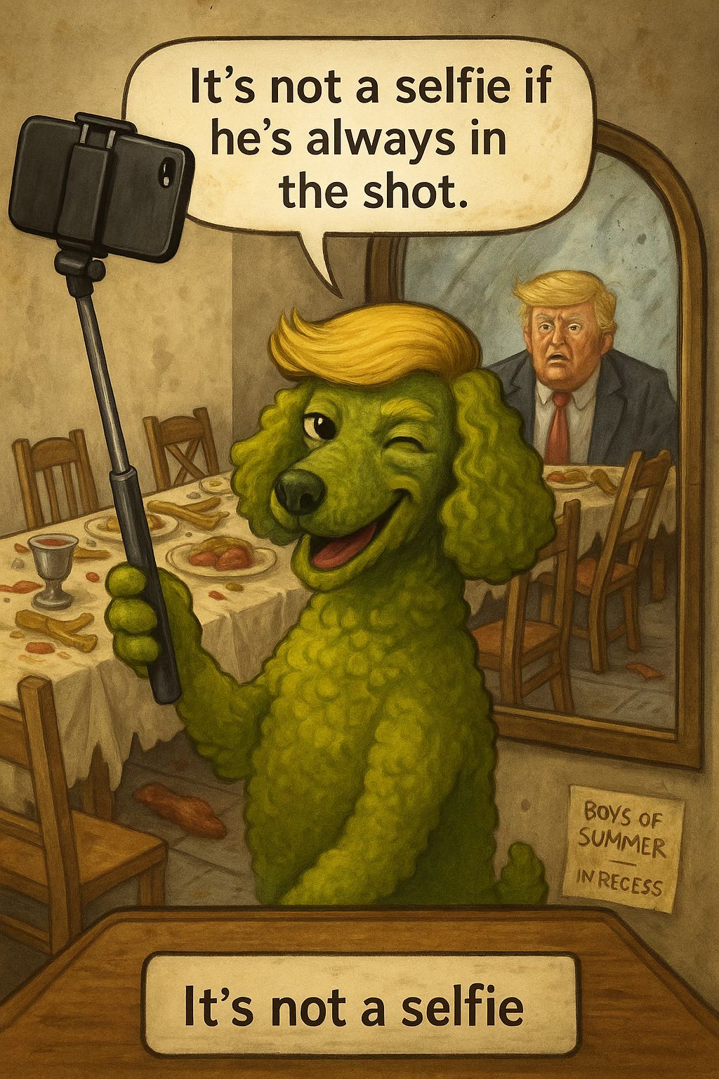 Cartoon parody of the Last Supper with lapdogs at the table.