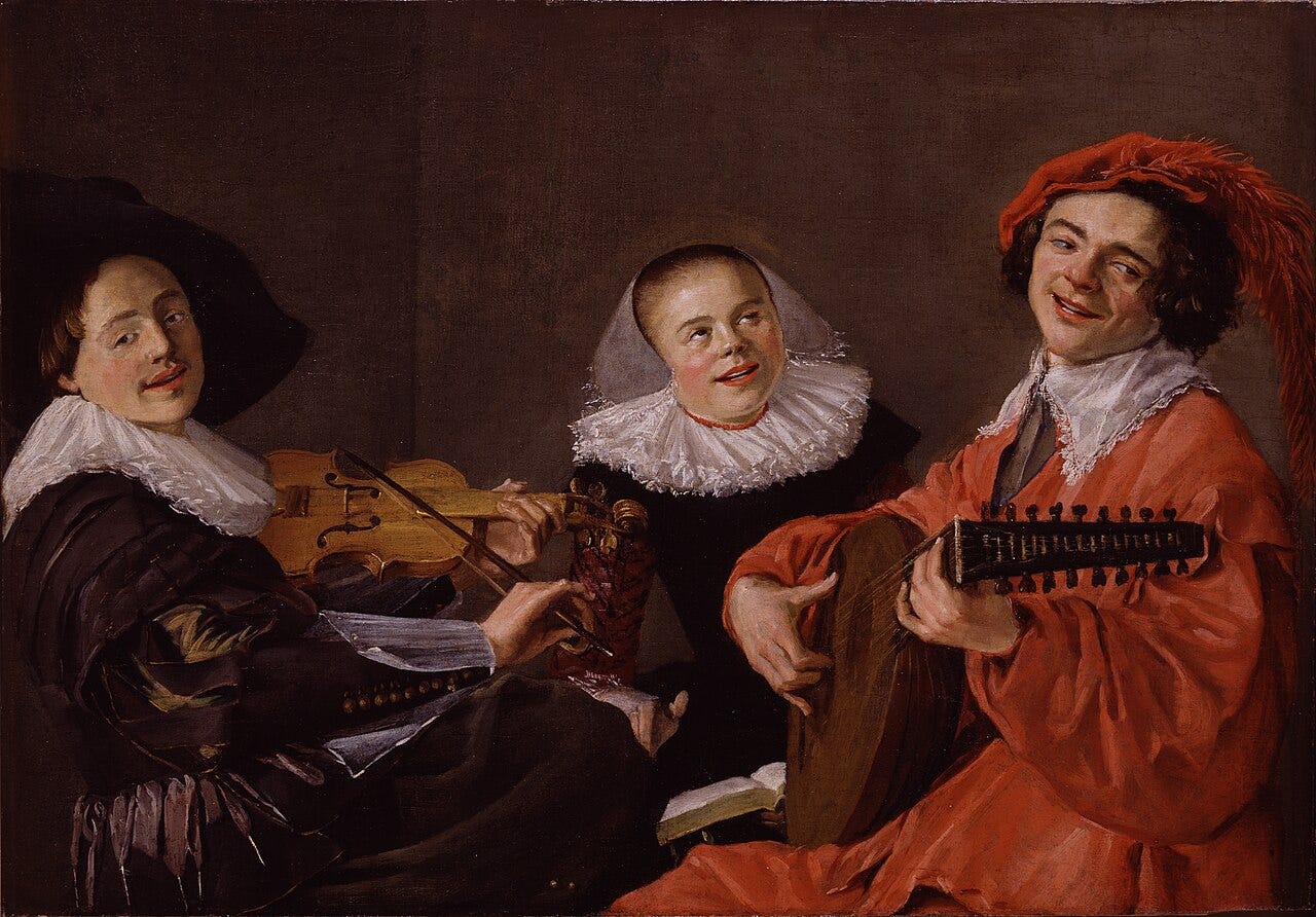 A singer, a violinist and a lute player in easy harmony A singer, a violinist and a lute player in easy harmony