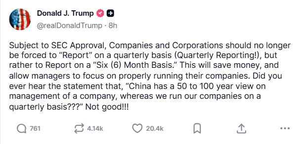 Trump says US should ditch quarterly earnings reports, suggests six-month  cycle