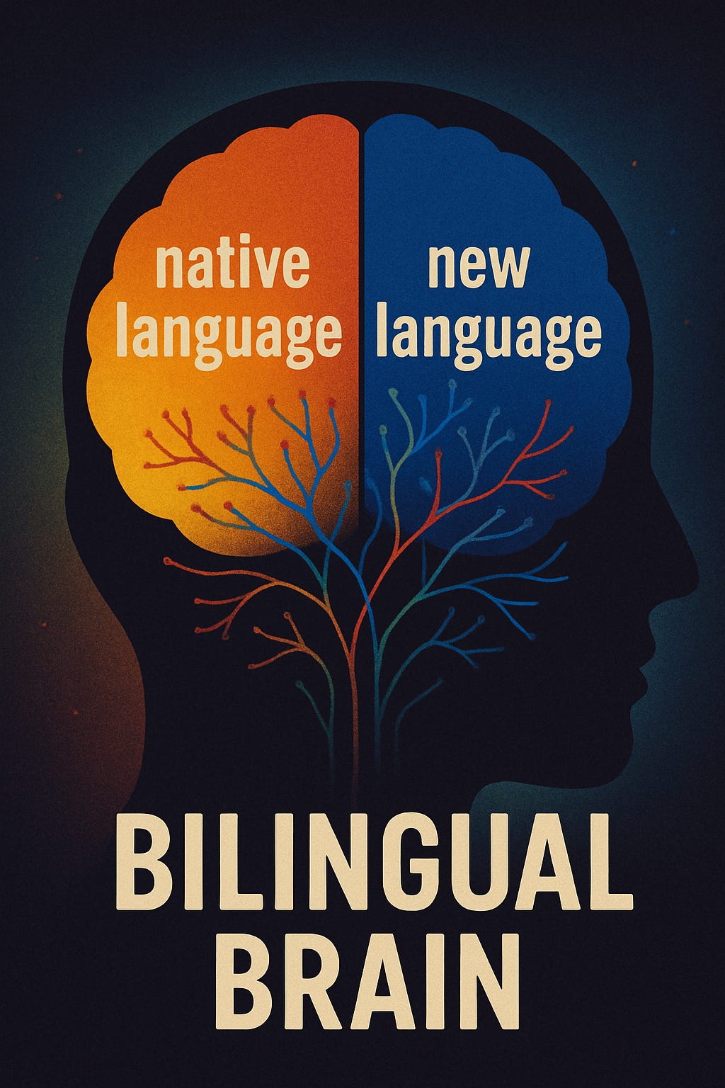 An illustration of a brain with 'native language' in one hemisphere and 'new language' in the other and captioned 'bilingual brain'.