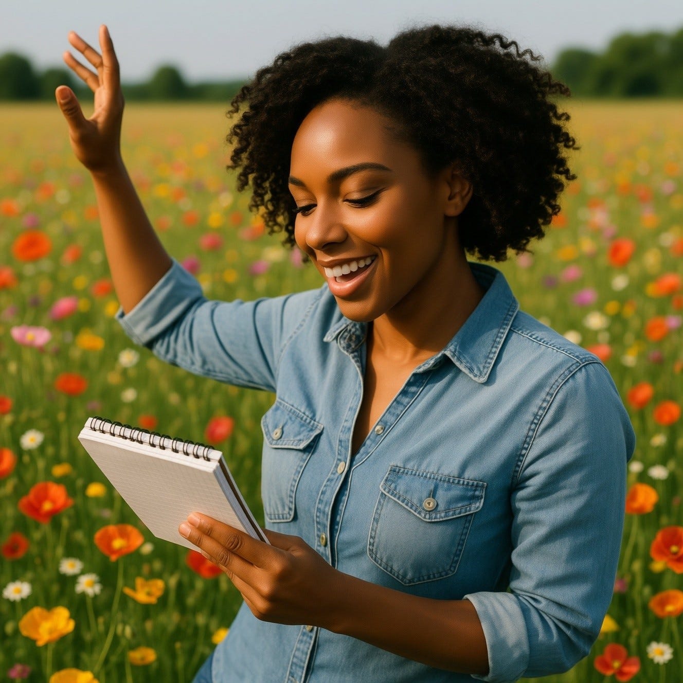 Provide me a realistic image of a Light-skinned African American woman with dancing in a field of Flowers with a notepad reading from it