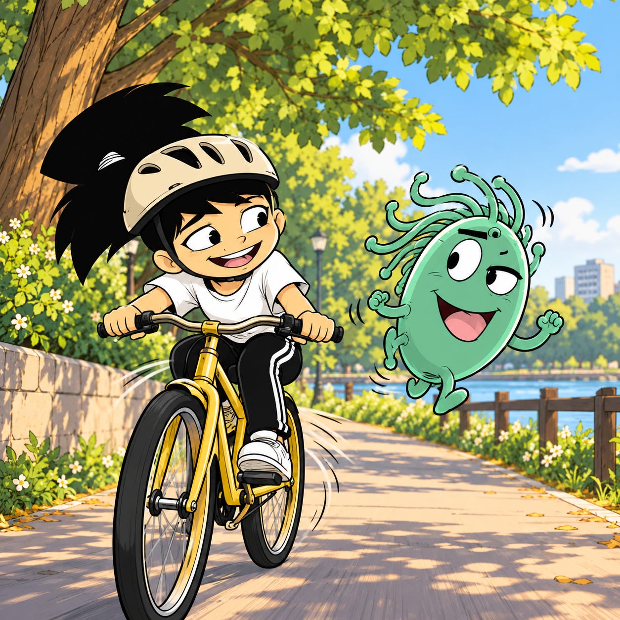 Zara rides her bicycle through a sunny neighborhood while Omie floats beside her.